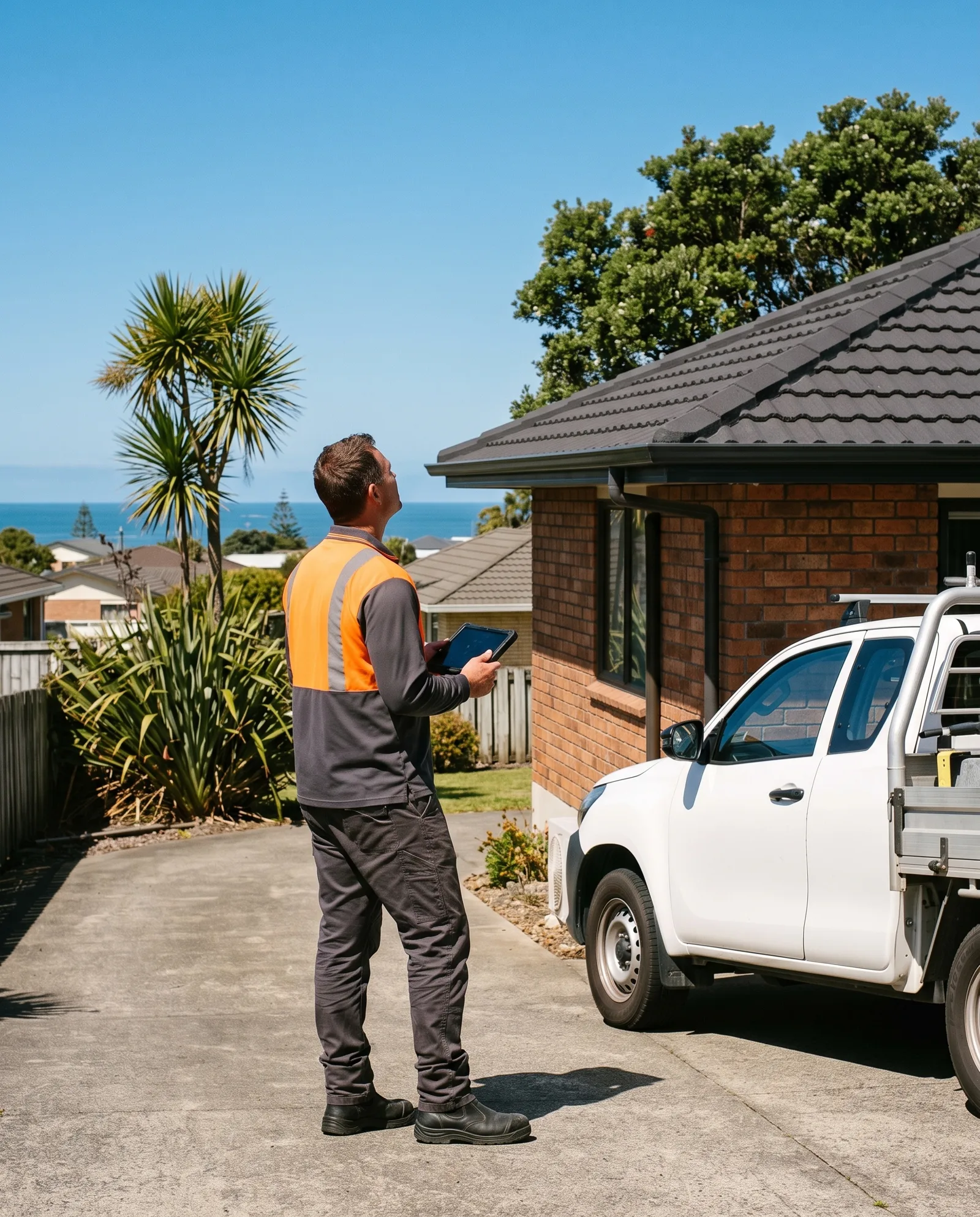 Roofer in hi-vis, back to camera, looking up at a charcoal tile roof on a brick home beside a white ute