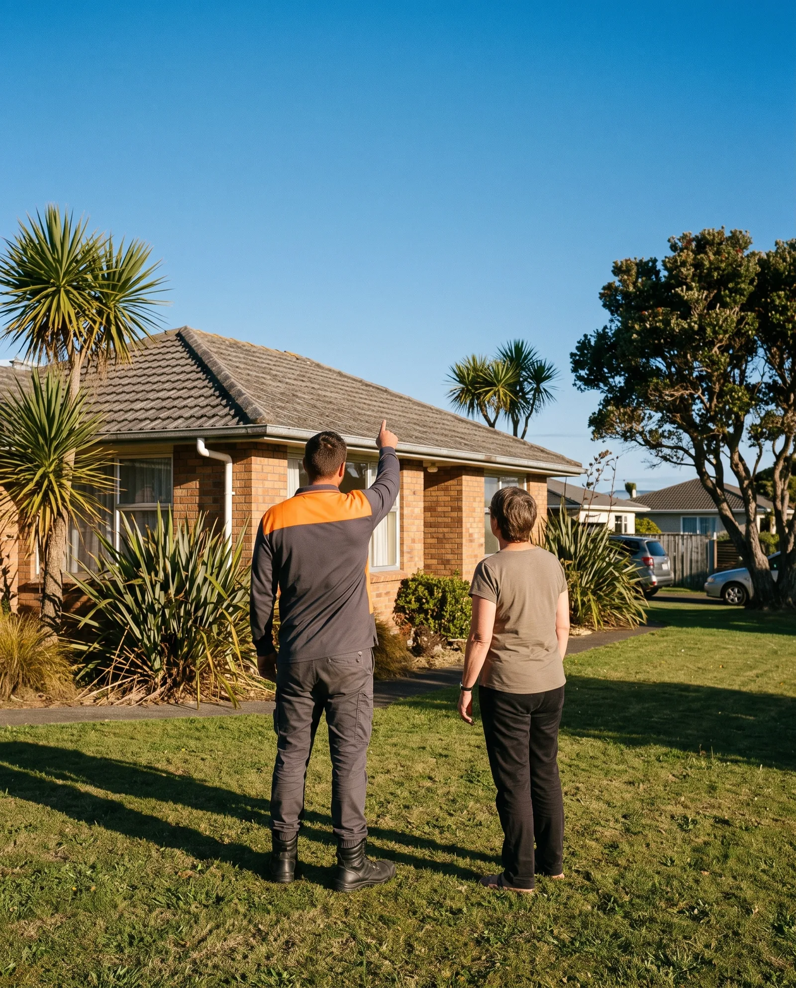 Roofer pointing up at a tile roof while a homeowner looks on, both seen from behind