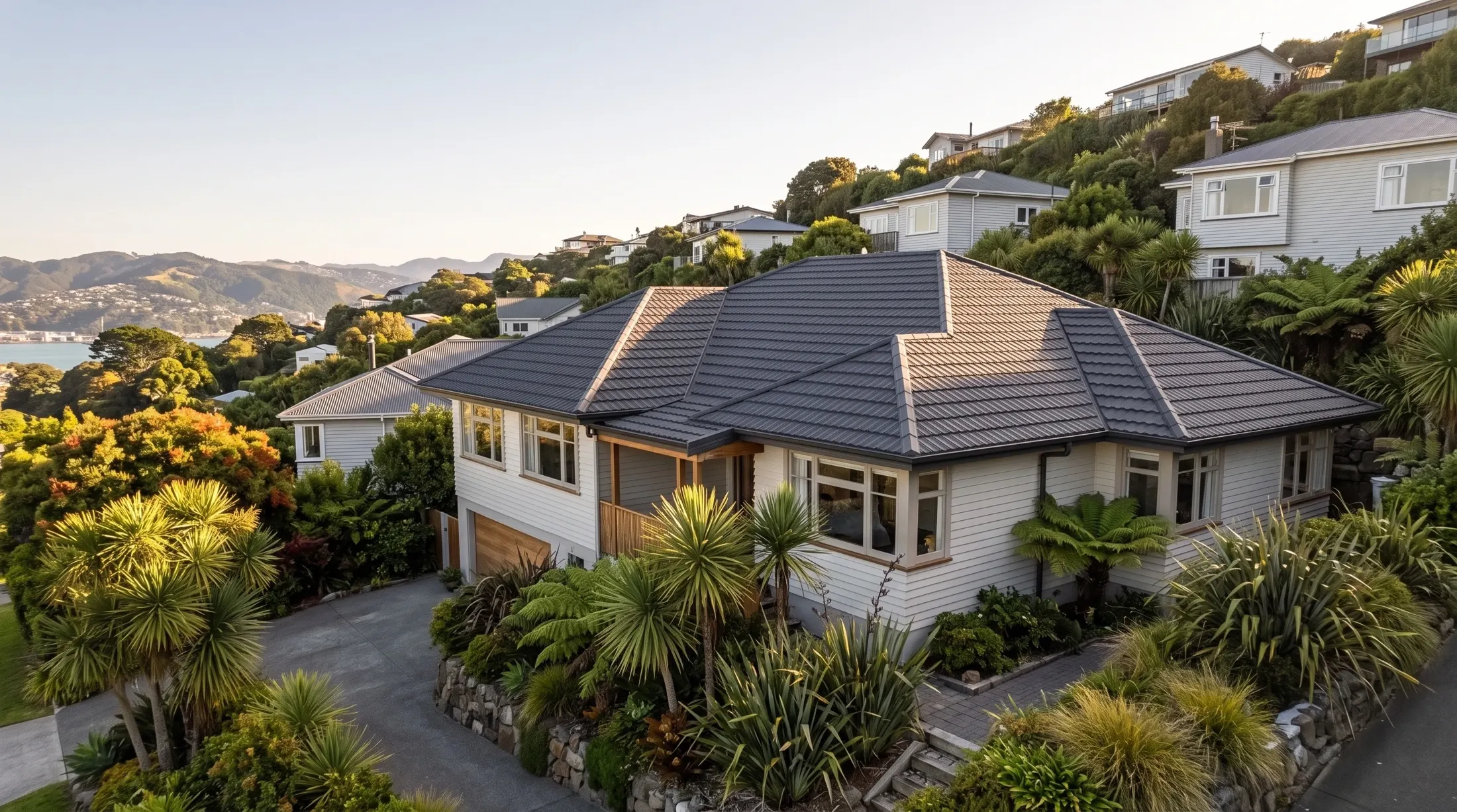 Grey tile roof on a Wellington hillside home with harbour and hills beyond