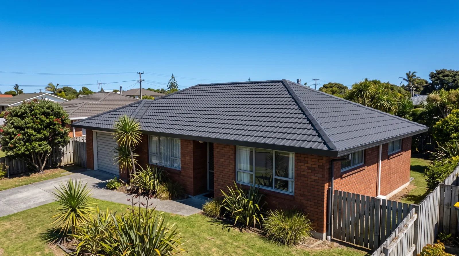 After: the same brick home with its concrete tile roof restored in charcoal